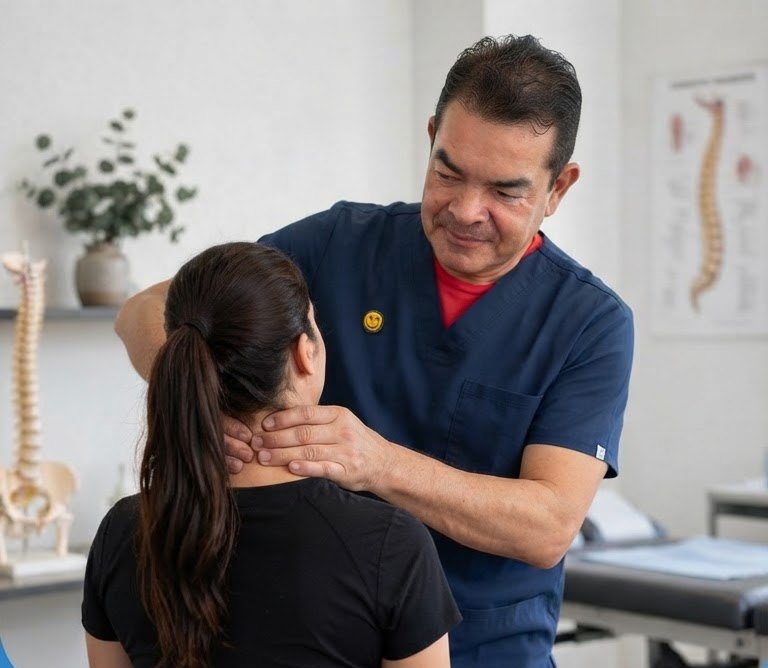Angel Carrillo atendiendo a una paciente en su consultorio de Pachuca